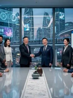 Executives shaking hands over a table, symbolizing successful Korean content deal negotiation.