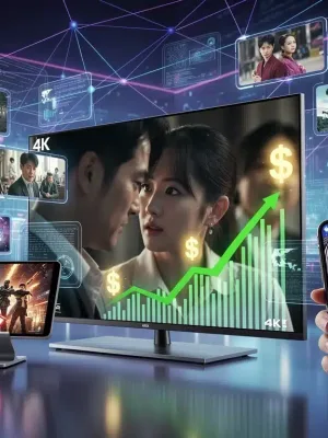 Diverse Asian content on streaming devices with financial growth charts