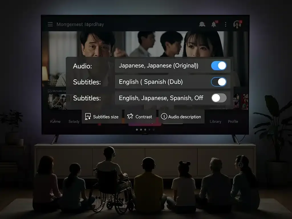 Streaming platform interface with dubbing and subtitling options for dorama fans