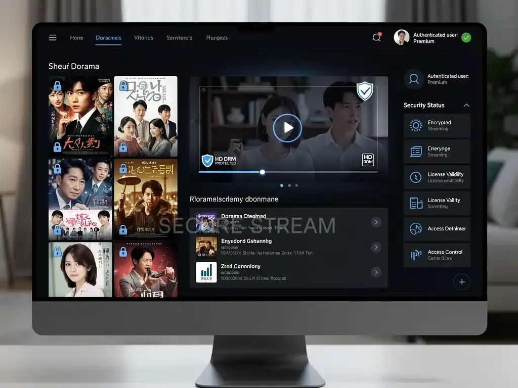 Secure streaming platform interface with dorama content and DRM