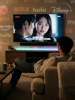 Person watching K-Drama on streaming service in US living room, anticipating licensing changes.