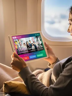 Person watching dorama offline on tablet, maximizing streaming app downloads