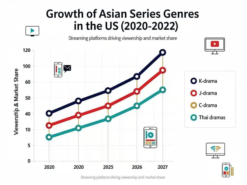 Infographic showing projected growth of various Asian series genres in the US market by 2027.