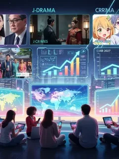 Futuristic digital art showing US audience engaging with various Asian series, symbolizing 2027 market trends.