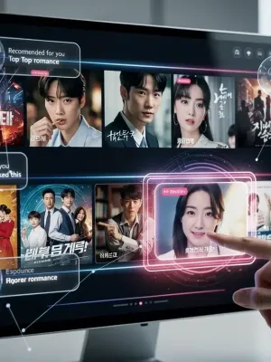 Futuristic streaming interface with AI K-drama recommendations
