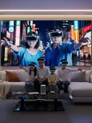 Futuristic living room with family watching dorama using advanced streaming tech 2026