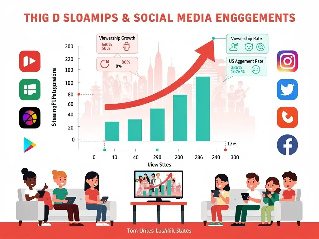 Infographic showing growth in US streaming and social media for dorama promotion.