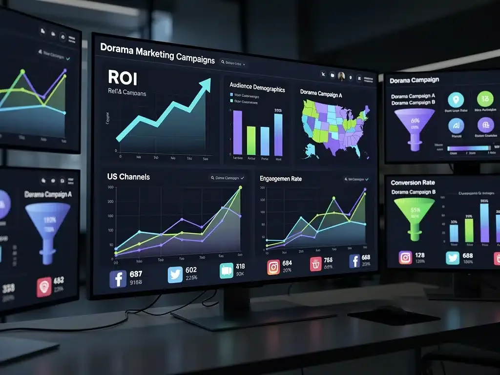 Data analytics dashboard showing ROI and engagement for dorama marketing campaigns.