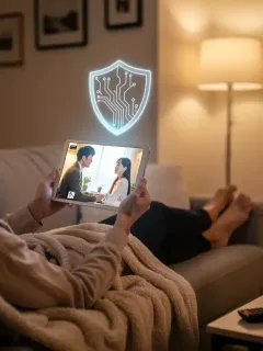 Secure dorama streaming on a tablet with cybersecurity shield icon