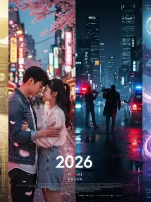 Dynamic collage of anticipated K-dramas for 2026, showcasing various genres and futuristic elements.