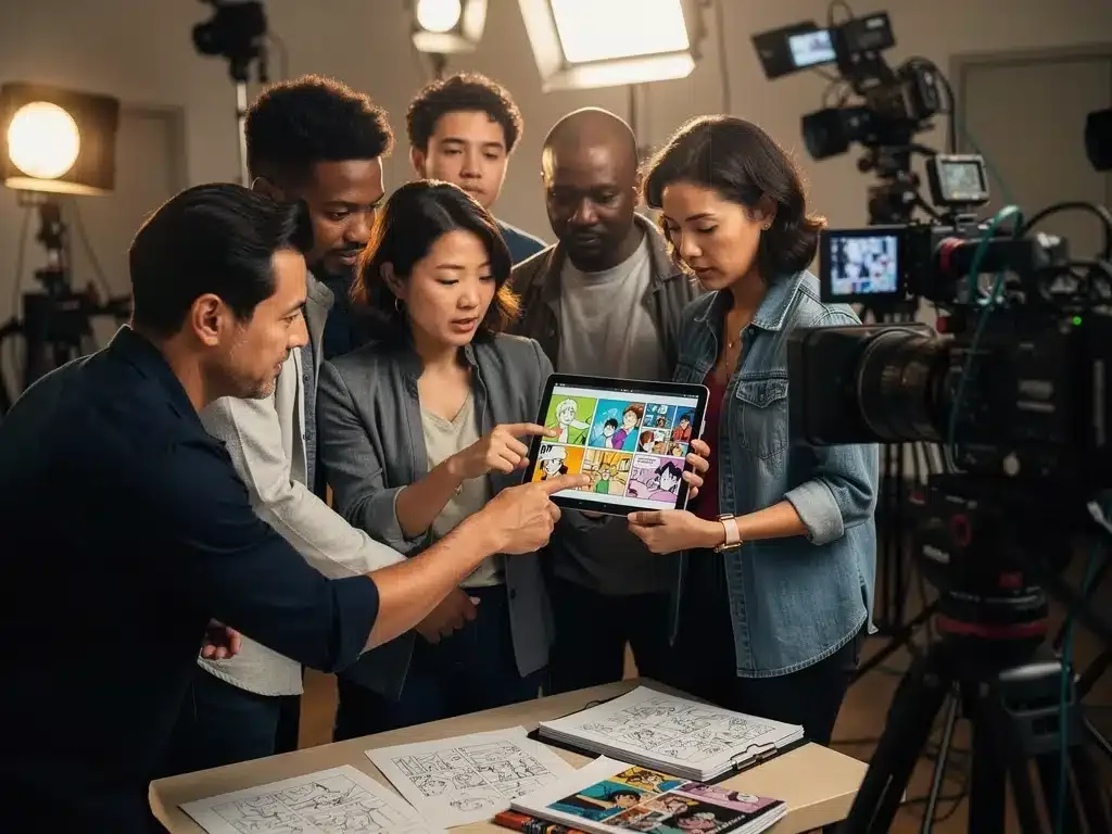 Film crew adapting webtoon on set, highlighting production collaboration.