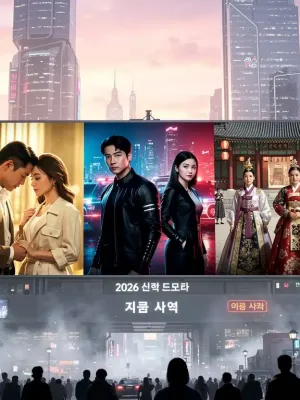 Futuristic cityscape with K-drama characters on a digital billboard, representing the top 5 must-watch K-dramas of early 2026.