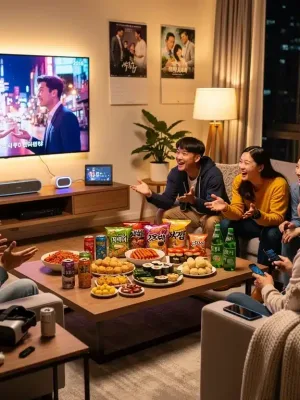 Friends watching K-Drama on a large screen with snacks, creating a cozy viewing party atmosphere in 2026
