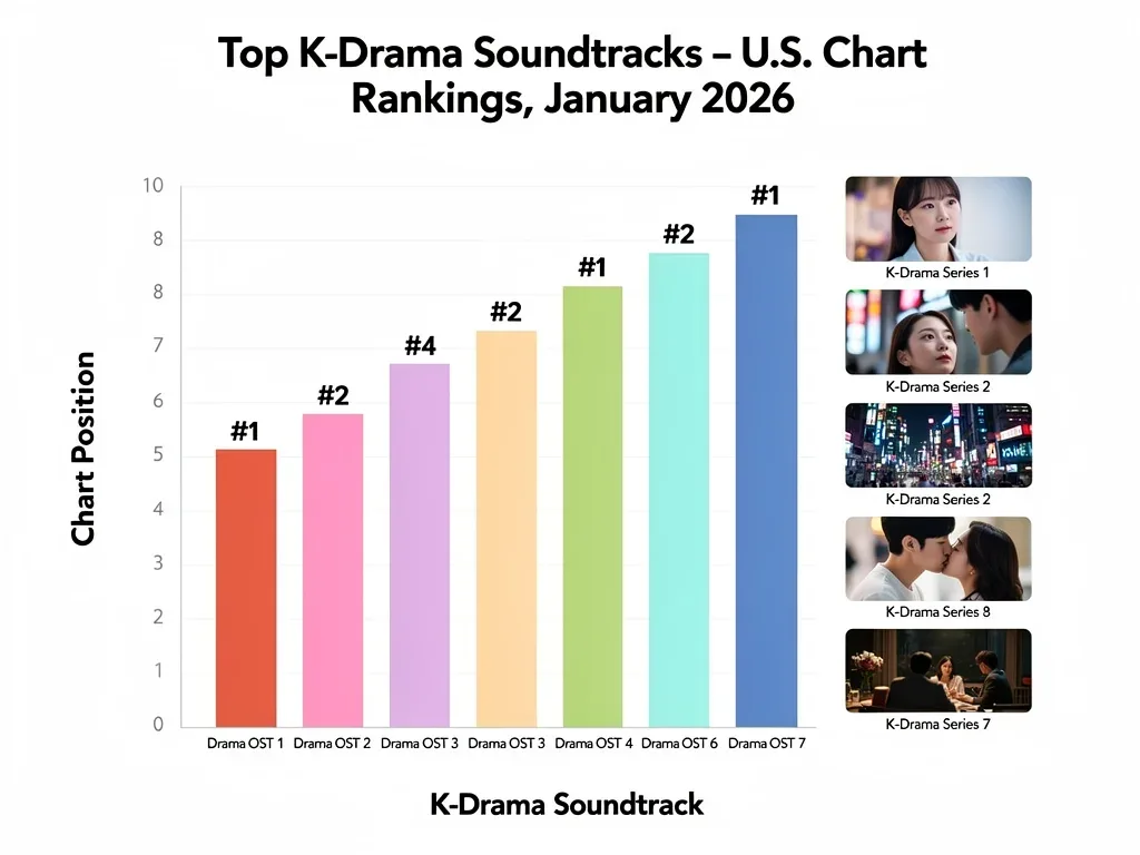 Infographic showing top 7 K-Drama soundtracks on U.S. charts January 2026