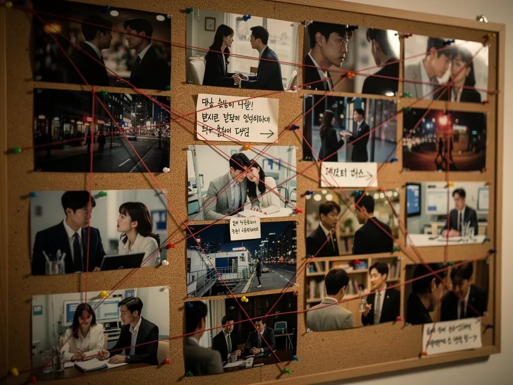 Visual representation of complex K-Drama plot theories with interconnected elements
