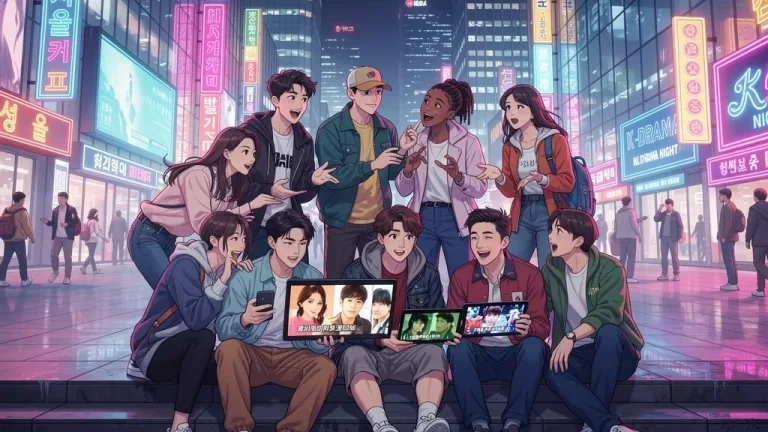 Diverse individuals engaging with Korean dramas, symbolizing the 2026 K-Drama Effect on U.S. pop culture.