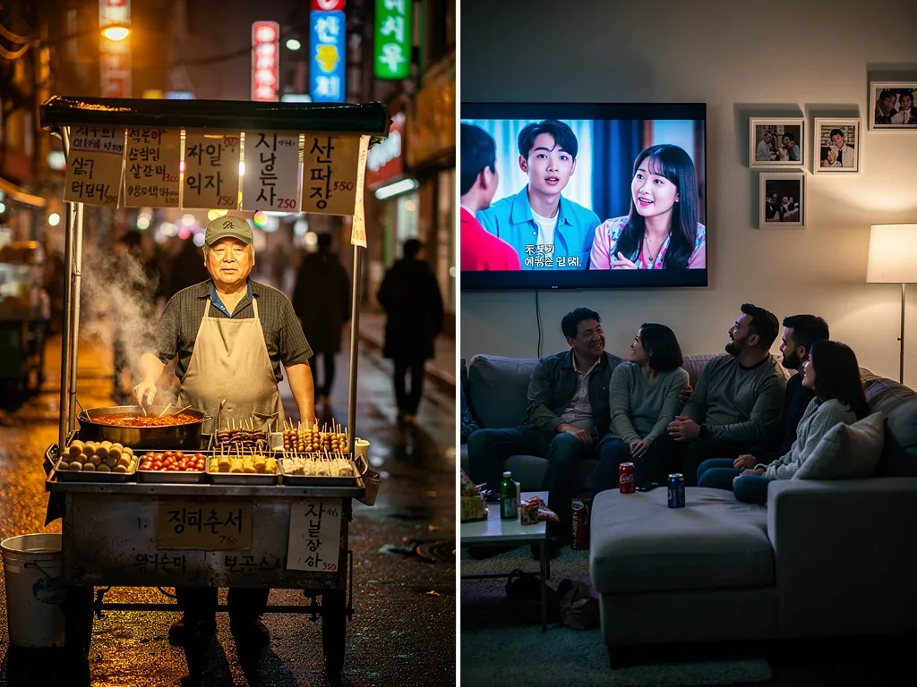 Korean street food and American family watching K-drama, illustrating cultural exchange.
