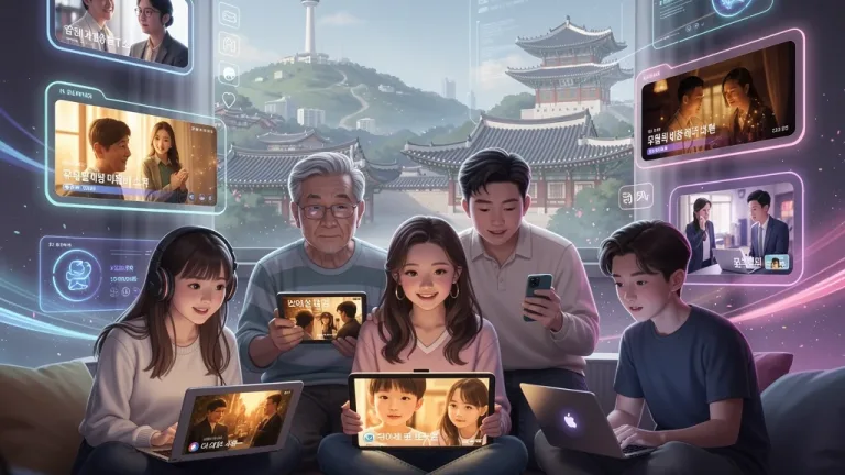 Diverse audience watching K-dramas on multiple screens, showcasing U.S. K-Drama Platforms 2026