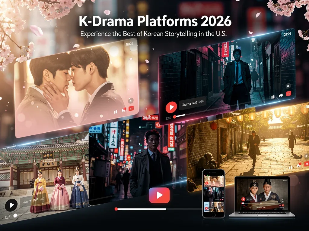 Dynamic collage of diverse K-drama scenes showcasing genre variety on U.S. K-Drama Platforms 2026.