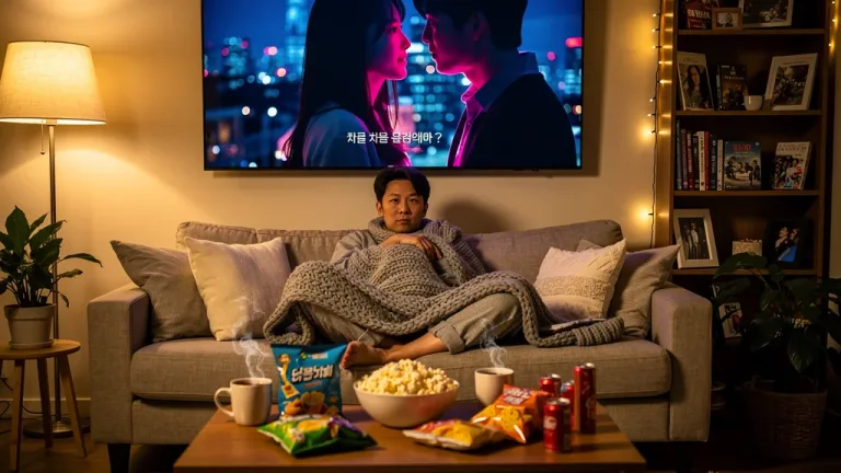 Person watching K-drama on TV in a cozy living room, illustrating K-Drama Marathon Tips U.S.