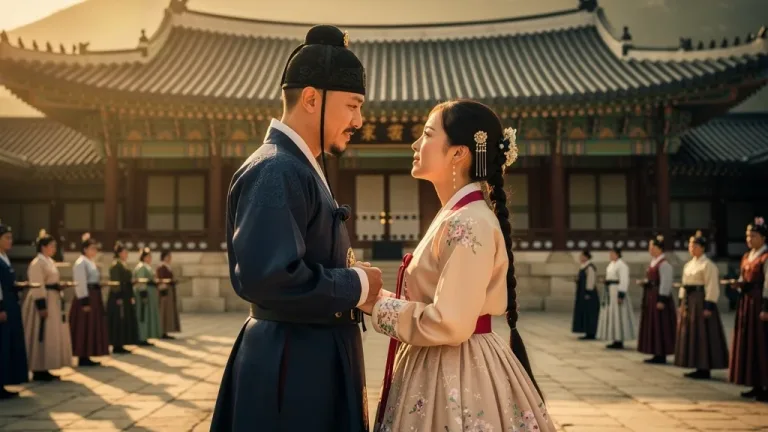 Grand historical K-drama scene with palace, traditional attire, and emotional characters