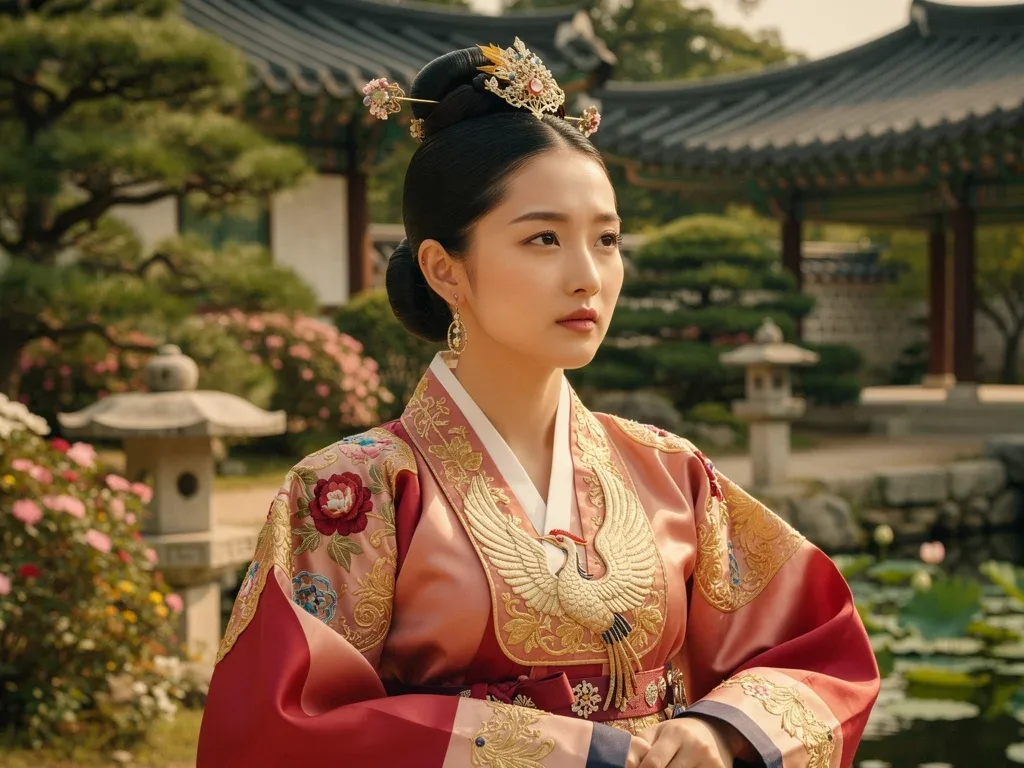 Lead actress in intricate hanbok in a traditional Korean garden