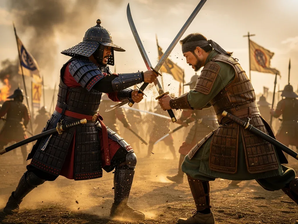 Intense sword fight in historical K-drama battlefield scene