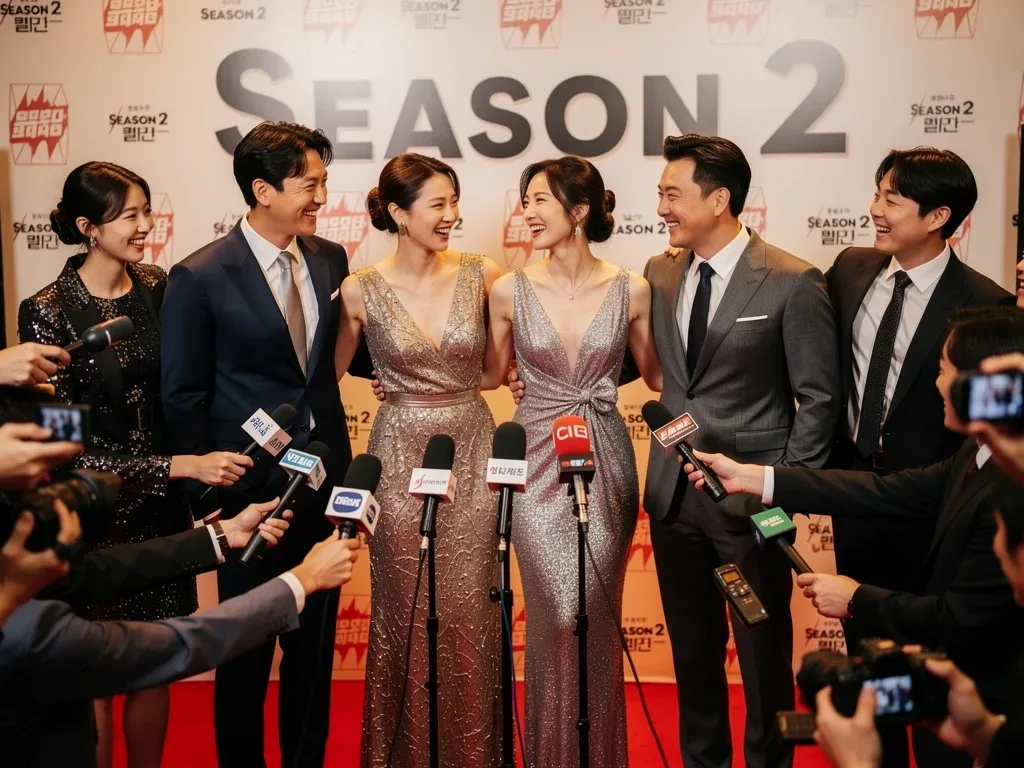 K-drama cast members at a press event, celebrating the upcoming second season of their show.