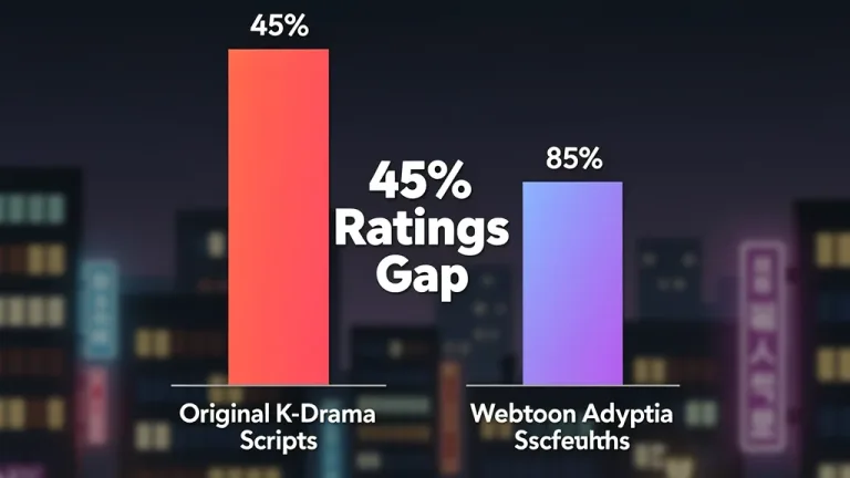 Infographic comparing K-drama ratings for webtoon adaptations versus original scripts in 2026, highlighting a 45% gap.
