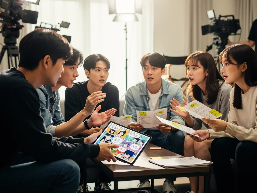 K-drama production team discussing webtoon adaptation challenges on set.