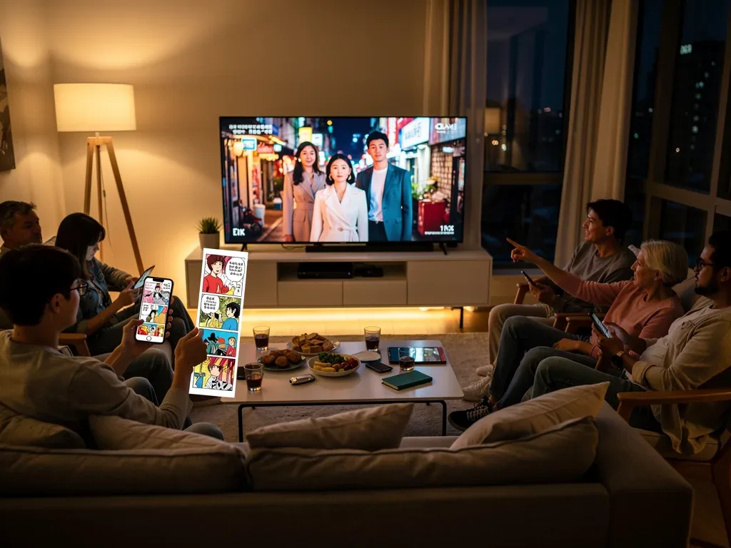 Audience engaging with K-dramas from original scripts and webtoon adaptations on various devices.
