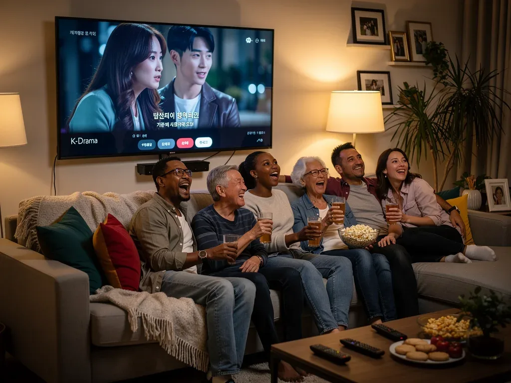 U.S. audience enjoying a K-Drama on a large screen, reflecting cultural impact