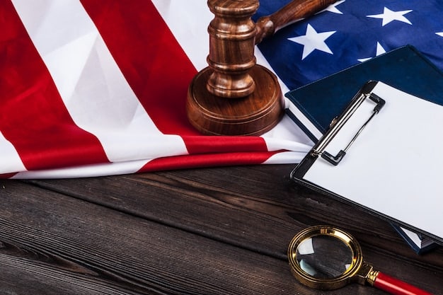 A gavel resting on a stack of legal documents with the US flag subtly in the background, representing the legal aspects of streaming laws and regulations.
