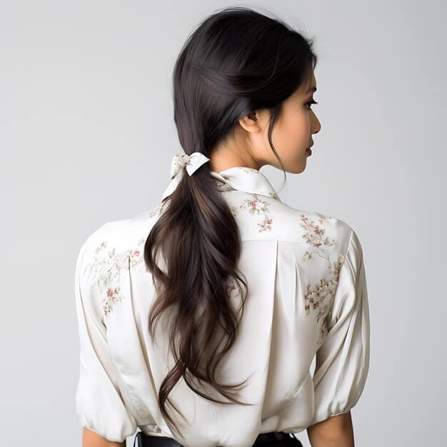 A woman with a sophisticated low ponytail, styled in a Korean drama-inspired manner. The ponytail is neatly gathered at the nape of her neck, with a few strands of hair wrapped around the base to conceal the hair tie. The rest of her hair is smooth and sleek, creating an elegant and polished appearance.