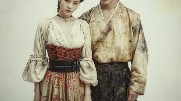 A side-by-side comparison of two scenes: one from a historical Korean painting displaying traditional wear, and another from a modern historical drama showing actors in similar costumes, highlighting the similarities and differences in detail and style.