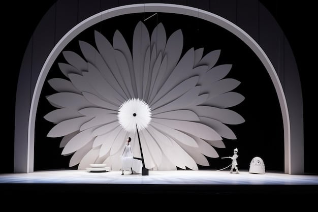 A single spotlight shines on a prop (e.g., a wilting flower, a broken mirror) on a stage, symbolizing the central motif or theme that resonates throughout the play.