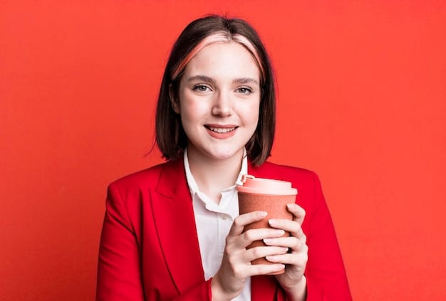 A close-up shot of a smiling actress in a K-drama, playing a supporting role as a career woman in a corporate office. She is holding a cup of coffee and looking confidently at someone off-screen.