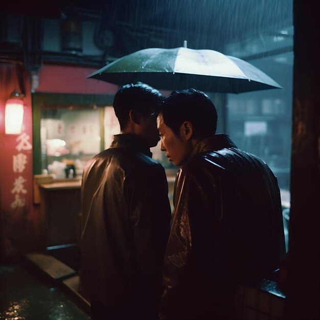 Two Kdrama characters standing face-to-face in the rain, one looking determined and the other with a conflicted expression, with a tense atmosphere suggesting an impending confrontation or emotional confession. The rain adds to the drama.