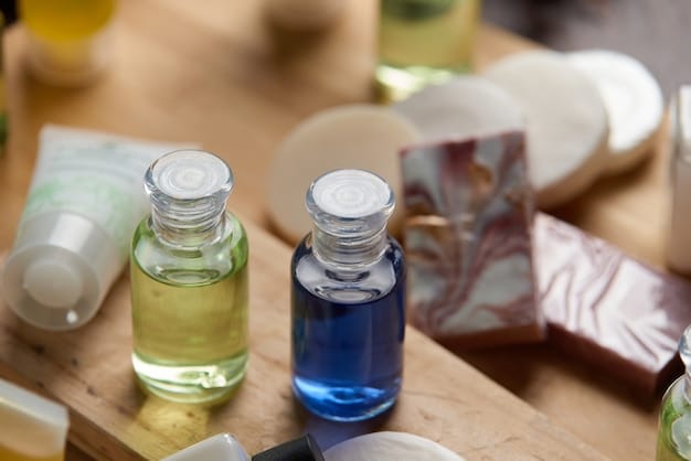 A close-up image showing a variety of Korean skincare products, including toners, serums, and moisturizers, arranged neatly on a vanity. The focus is on the textures and packaging, conveying high-quality ingredients.