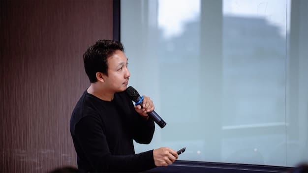 A vibrant photo of a K-Drama actor, Ju Ji-hoon, giving a keynote speech at a tech innovation conference in Silicon Valley, with a banner displaying the logo of a venture capital firm in the background. The audience includes tech entrepreneurs and investors.