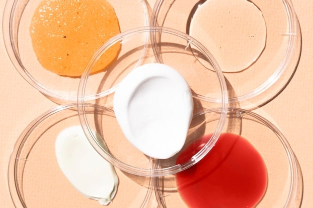 A close-up shot of various Korean skincare products (like serums, sheet masks, and moisturizers) arranged aesthetically. The focus is on the packaging, highlighting the unique and colorful designs often associated with K-beauty brands.