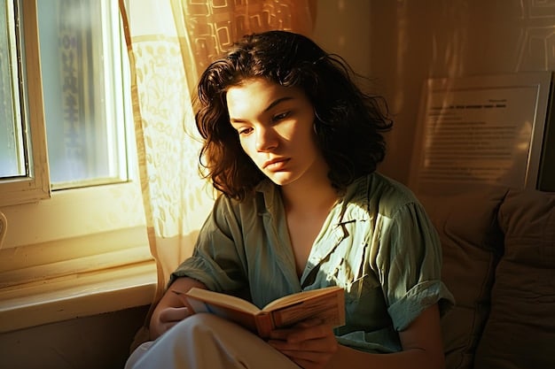 A close-up shot of a young woman in the US reading a book, with a K-Drama poster subtly visible in the background, illustrating the influence of K-dramas on personal reading choices.