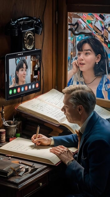 A split-screen image, one side showing a K-drama actor in a language learning session, and the other side showing them performing a scene from an American TV show, highlighting the importance of language skills and adaptability.