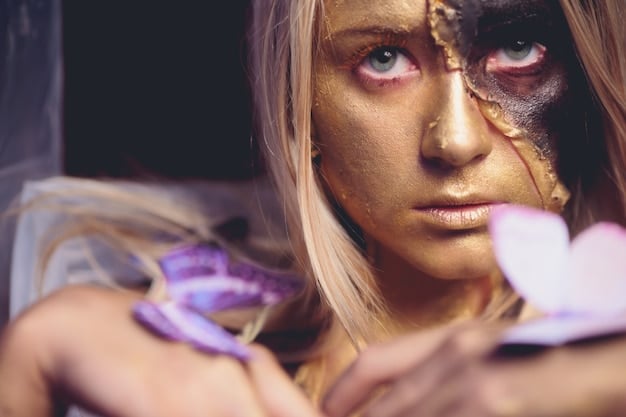 Close-up shot of Hunter Schafer as Jules Vaughn, showcasing her unique makeup and piercing gaze, reflecting the character's vulnerability and strength.