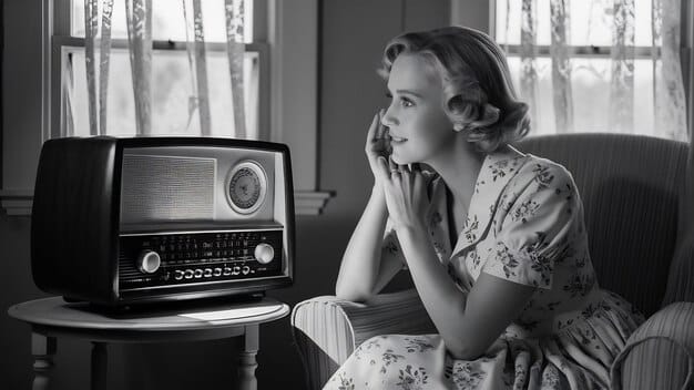 A black-and-white photograph showing a woman listening intently to a radio during the 1940s, illustrating the early days of soap operas on the radio.