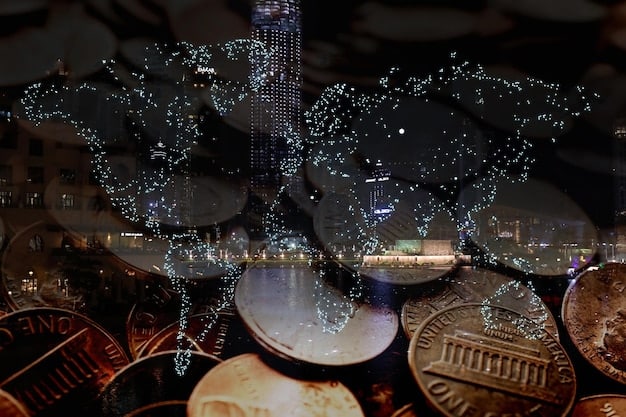 A futuristic neon-lit city skyline with musical notes and currency symbols floating in the air, symbolizing the convergence of technology, finance, and entertainment in the global K-drama market.