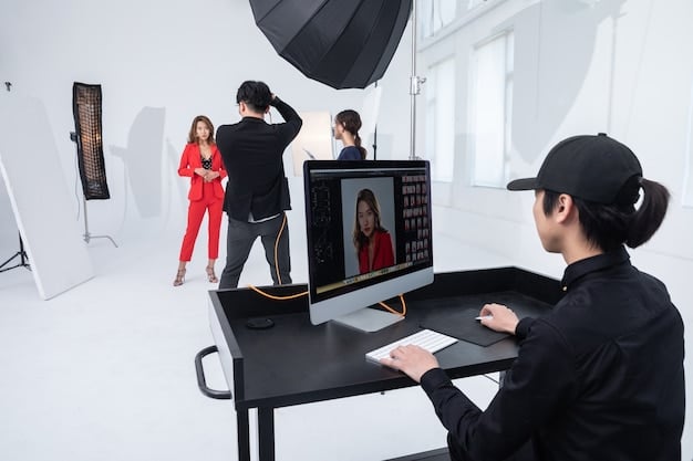 A K-drama actor wearing a motion-capture suit in a virtual production studio, surrounded by LED screens displaying a fantastical, vibrant background. The actor is rehearsing a scene, looking intently at a digital character projected into the scene, implying interaction with AI or digital humans.