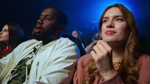 A diverse audience watching a powerful dramatic performance on a stage, with expressions of deep concentration and emotion visible on their faces, highlighting the collective impact of shared storytelling.