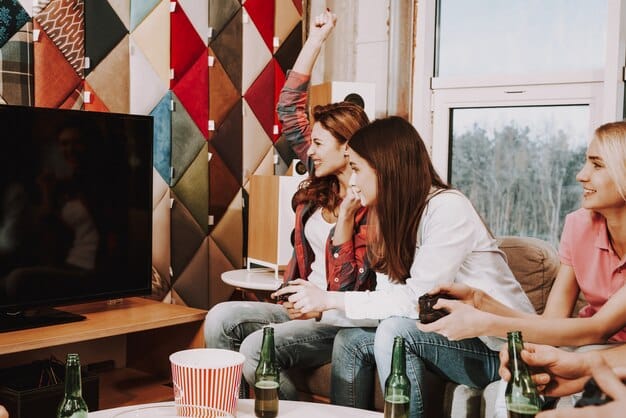 A group of young American adults excitedly watching a K-drama on a large TV screen in a cozy living room, with K-pop posters subtly in the background indicating their interest in Korean culture.