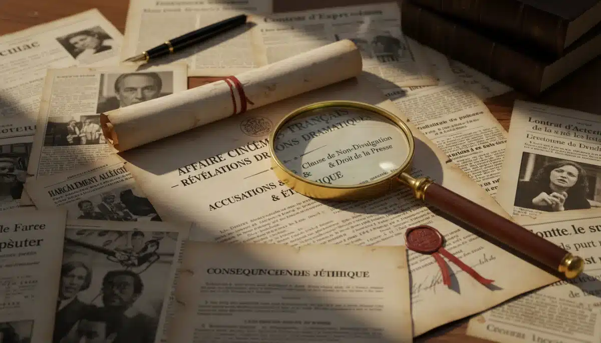 Documents juridiques et articles de presse entrelacés, symbolisant les conséquences légales des scandales cinématographiques.